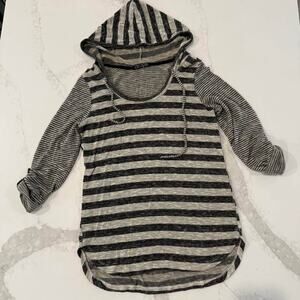 Love Culture Striped ScoopNeck Tunic Hooded Sweater Women Medium Gray 3/4 Sleeve